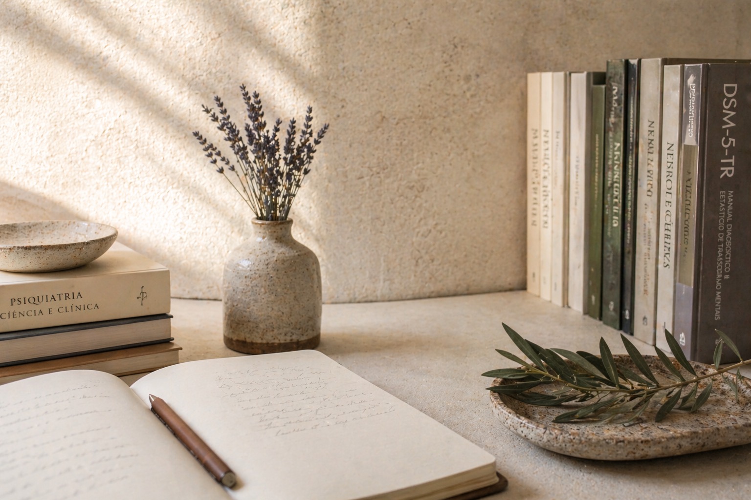 Composição editorial com livros, caderno e elementos botânicos representando a Biblioteca Clínica