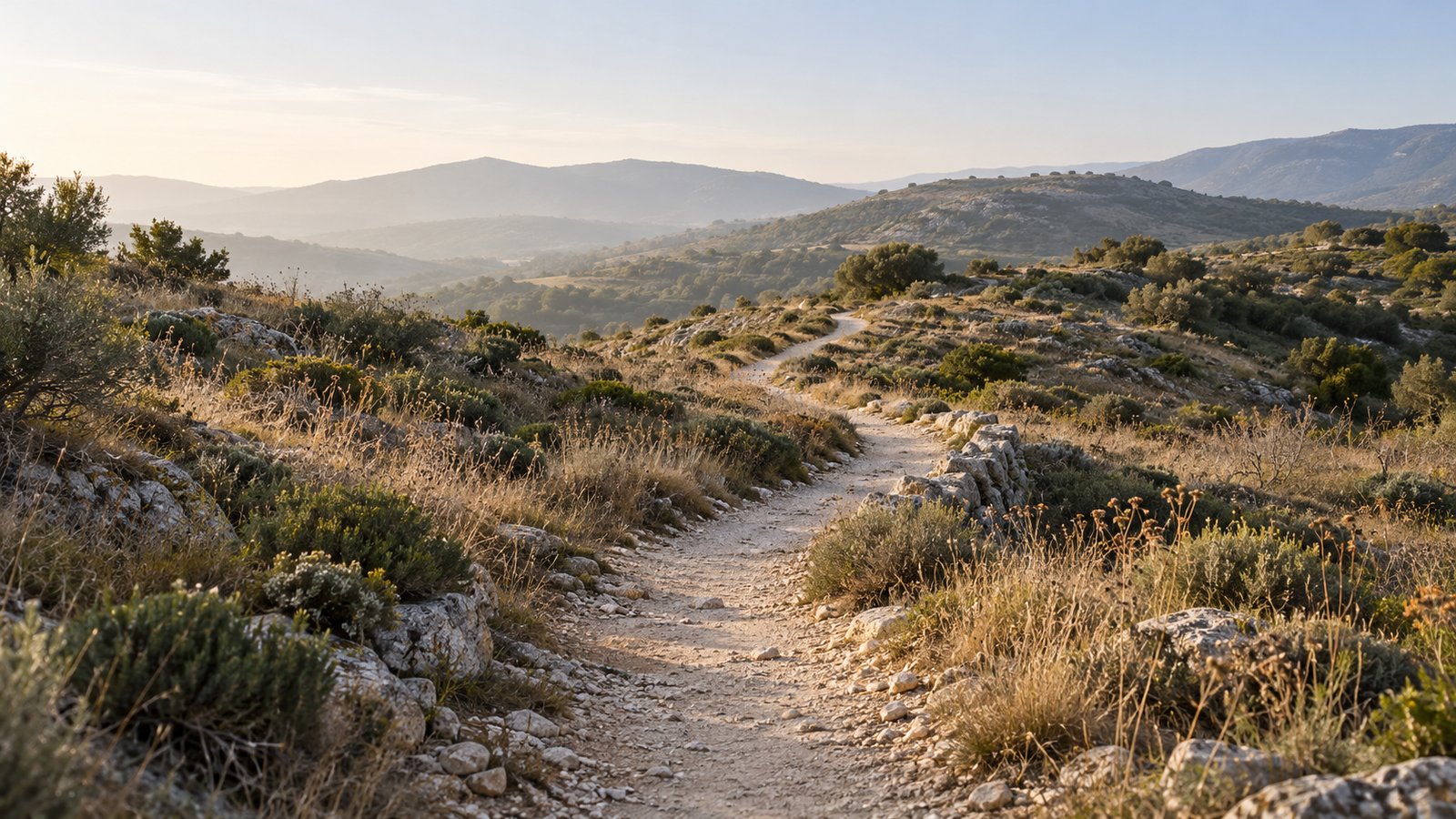Caminho de terra entre vegetação baixa e pedras, com colinas ao fundo sob luz suave.