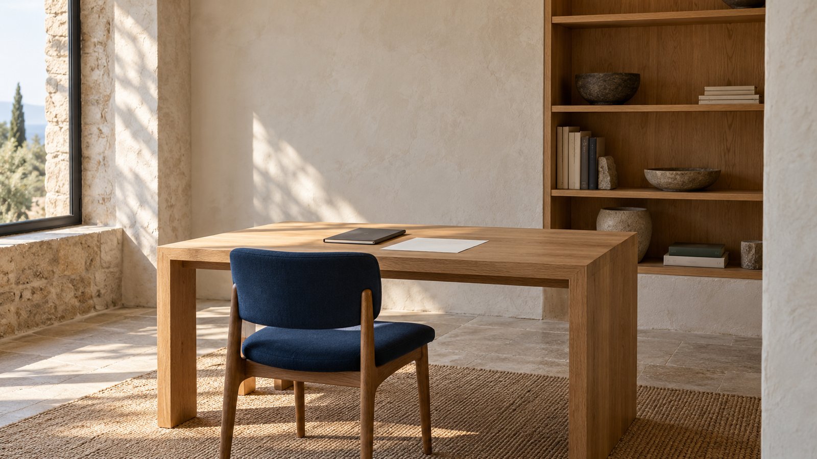 Mesa de madeira com caderno e folha, cadeira azul e estante, junto a uma janela.