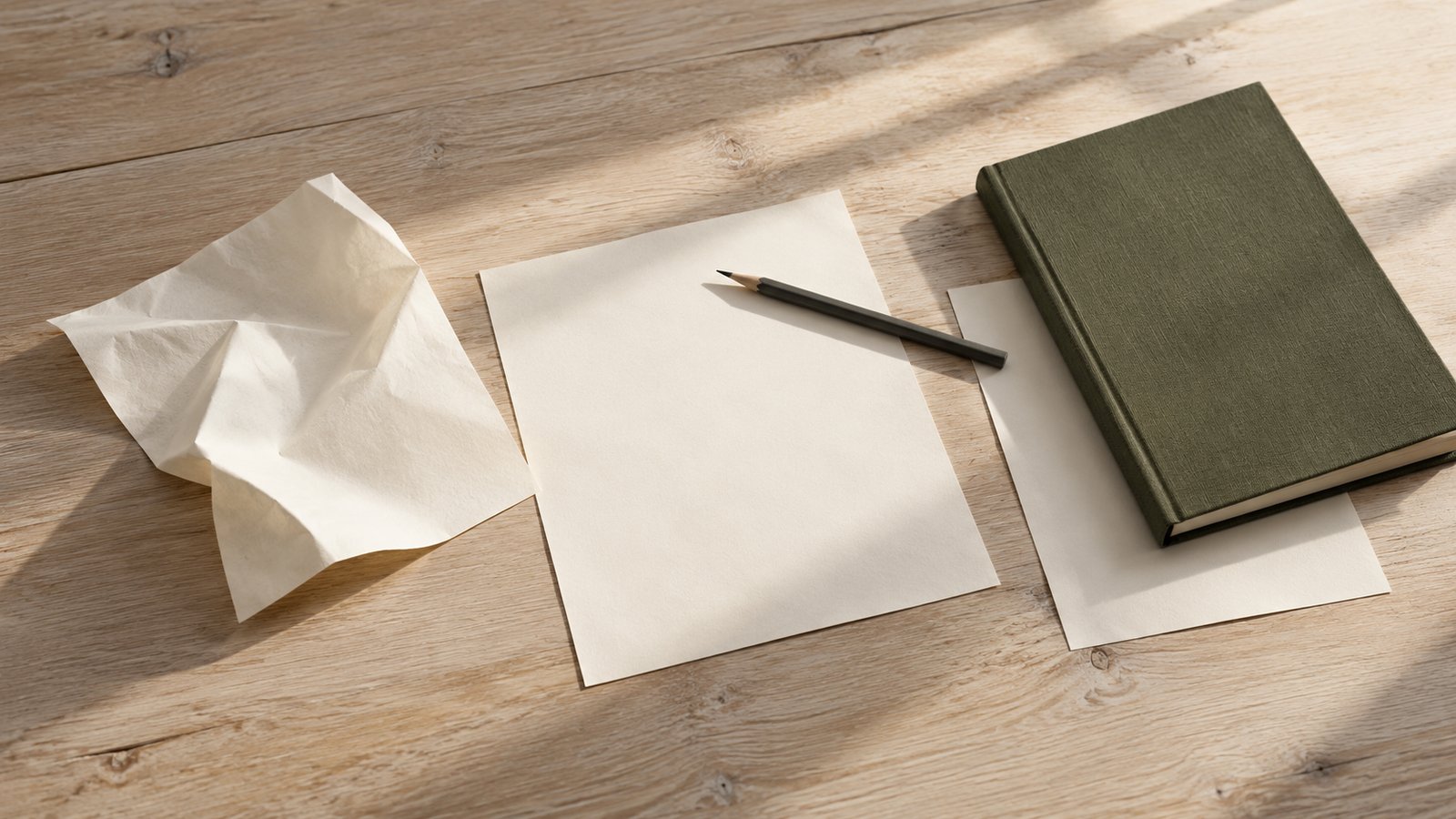 Folhas de papel, uma delas amassada, lápis e caderno verde sobre mesa de madeira clara.